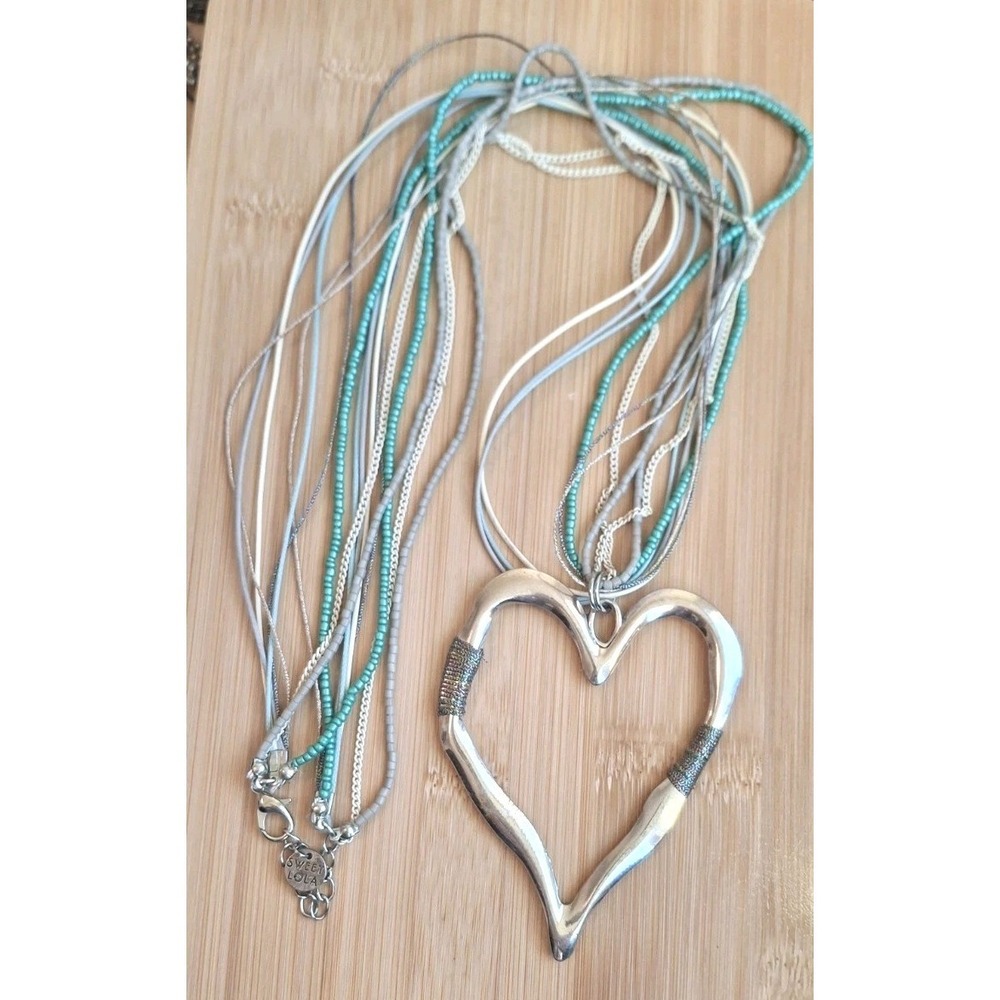 Women's Sweet Lola Silver Heart Pendant Grn Cord Statement BOHO Chunky Necklace